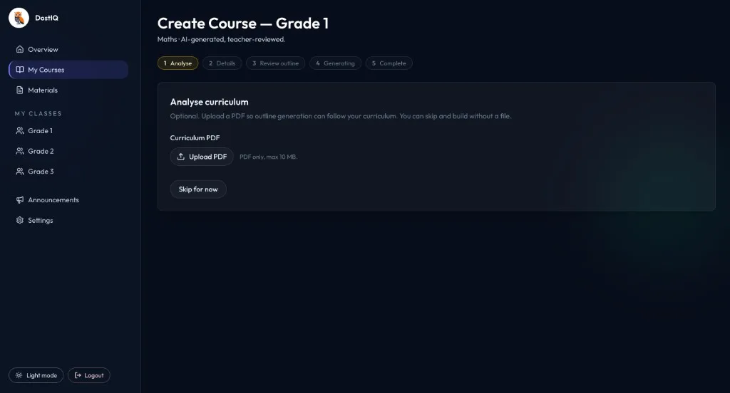 Teacher uploading a curriculum PDF during DostIQ course creation