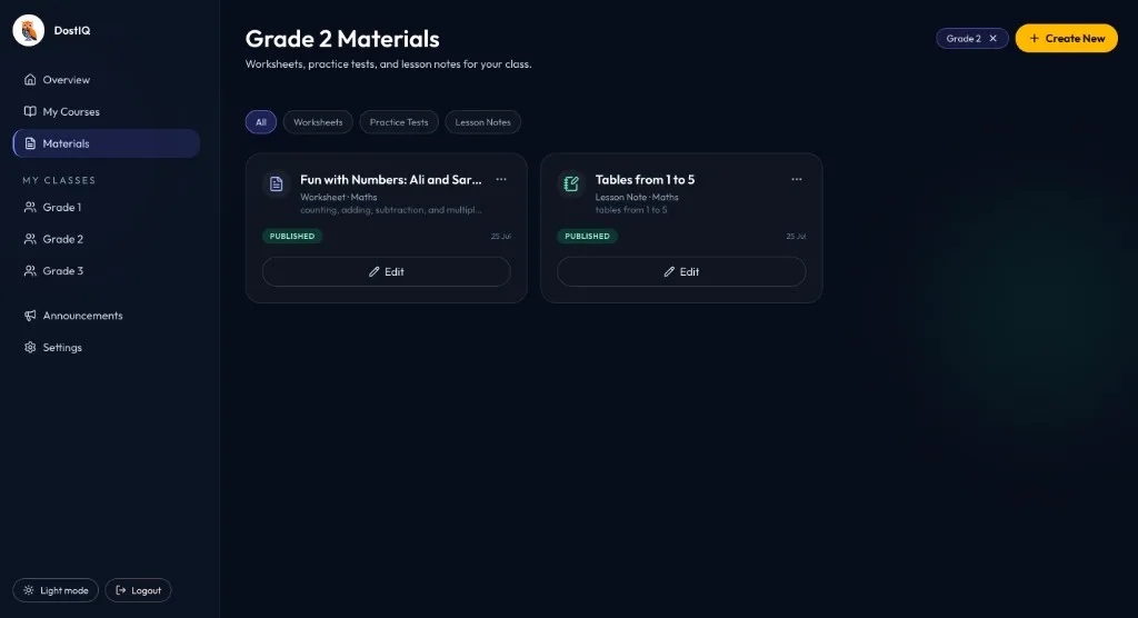 DostIQ Grade 2 materials library with published worksheets and lesson notes