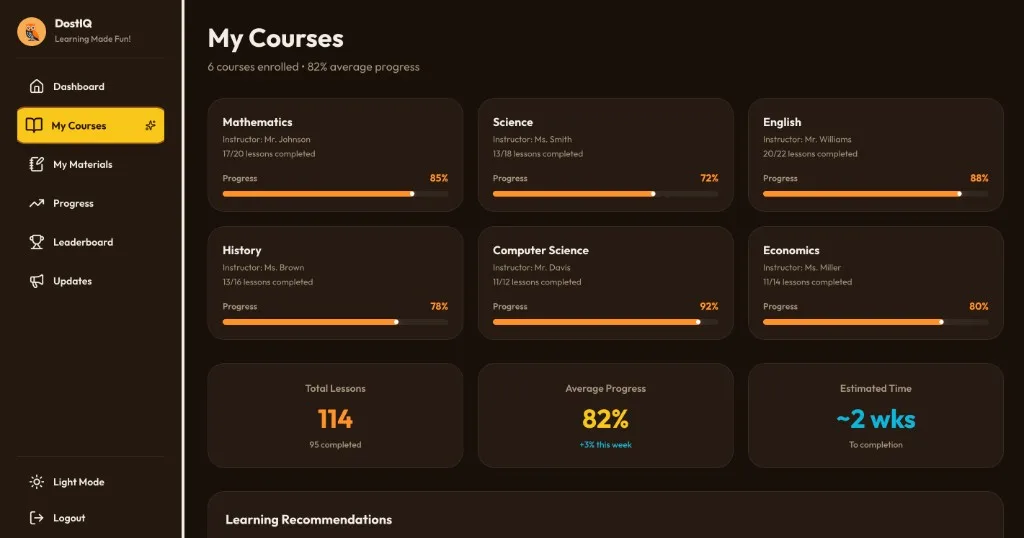 Student My Courses dashboard in DostIQ with progress across enrolled subjects