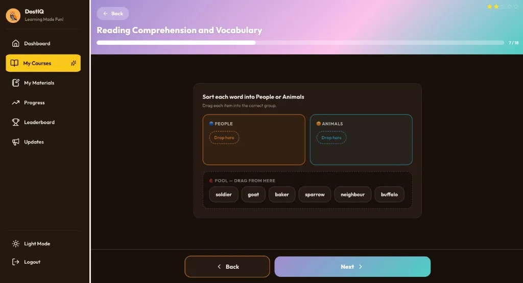 DostIQ drag-and-drop vocabulary sorting activity for people and animals