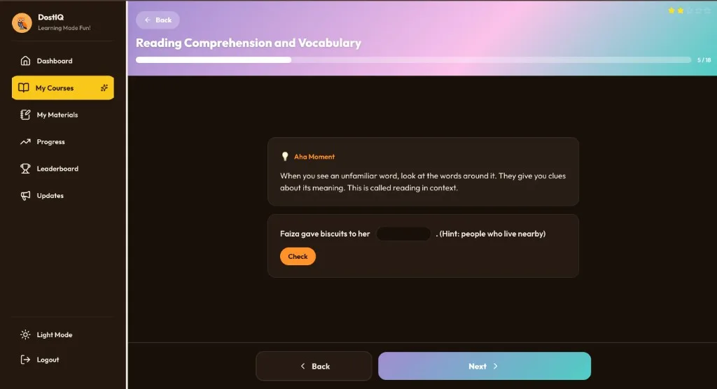 DostIQ Grades 1-3 interactive lesson with Aha Moment and fill-in-the-blank activity