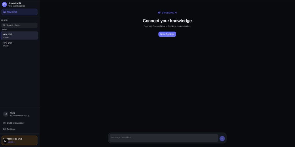 DriveMind AI chat interface before Drive is connected