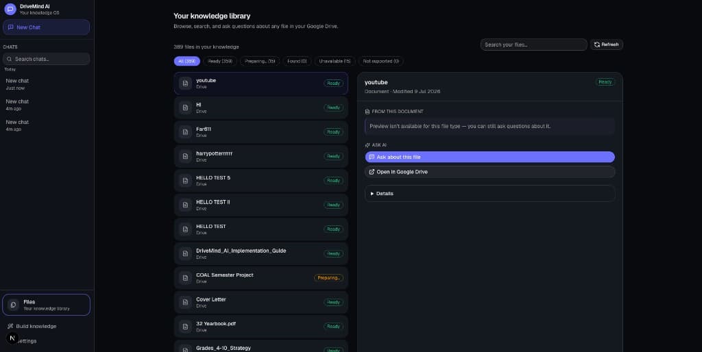 DriveMind AI file browser showing indexed Drive documents and status filters