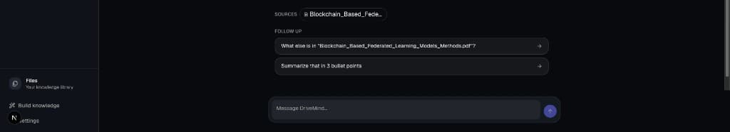 DriveMind AI source citations and follow-up question suggestions in the chat interface