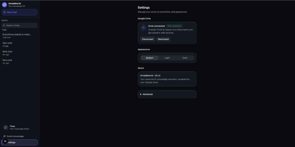 DriveMind AI settings page with Google Drive connection and appearance controls