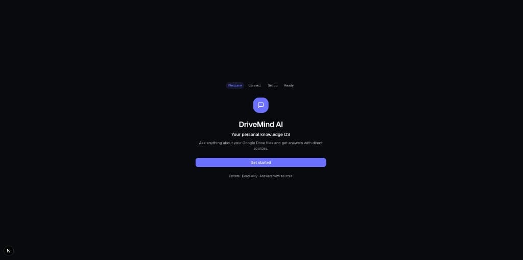 DriveMind AI welcome screen with onboarding steps