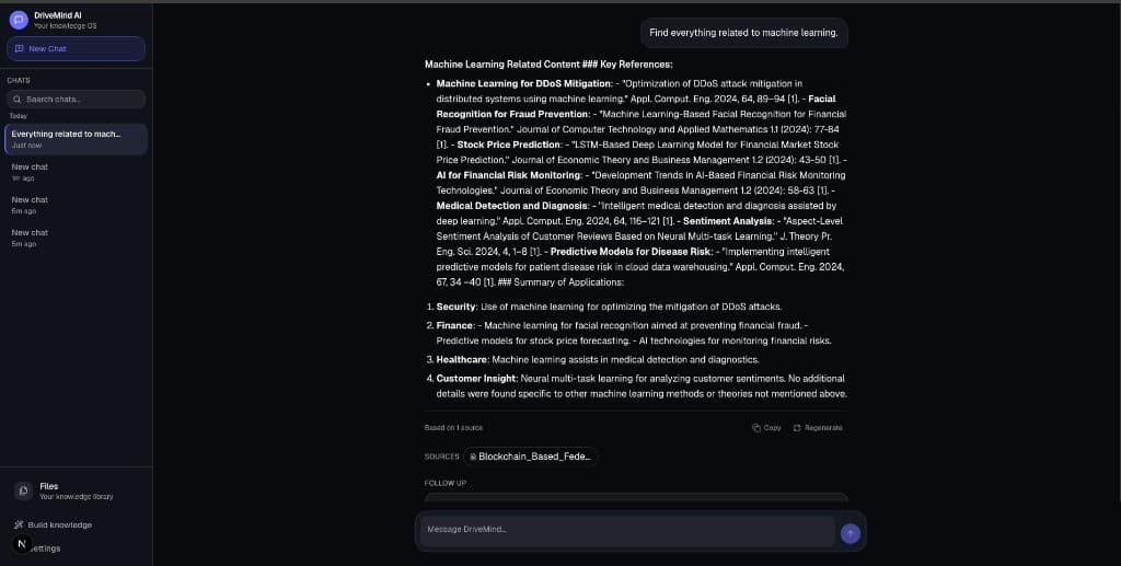 DriveMind AI answering a question with grounded citations from Google Drive documents
